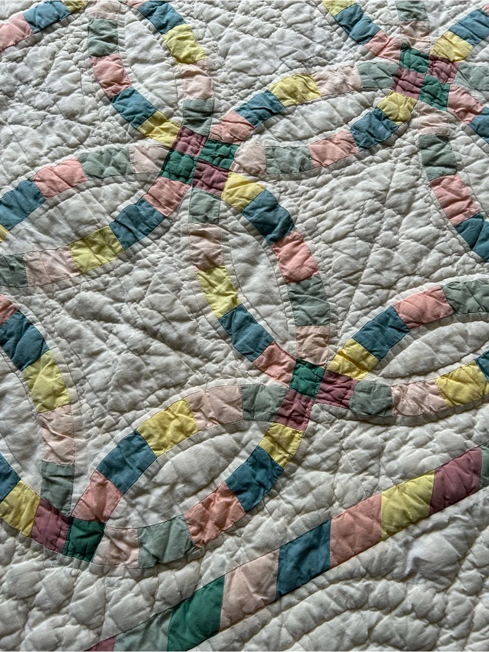 Vintage handmade White Patchwork Double Wedding Ring Quilt with Pastel Accents